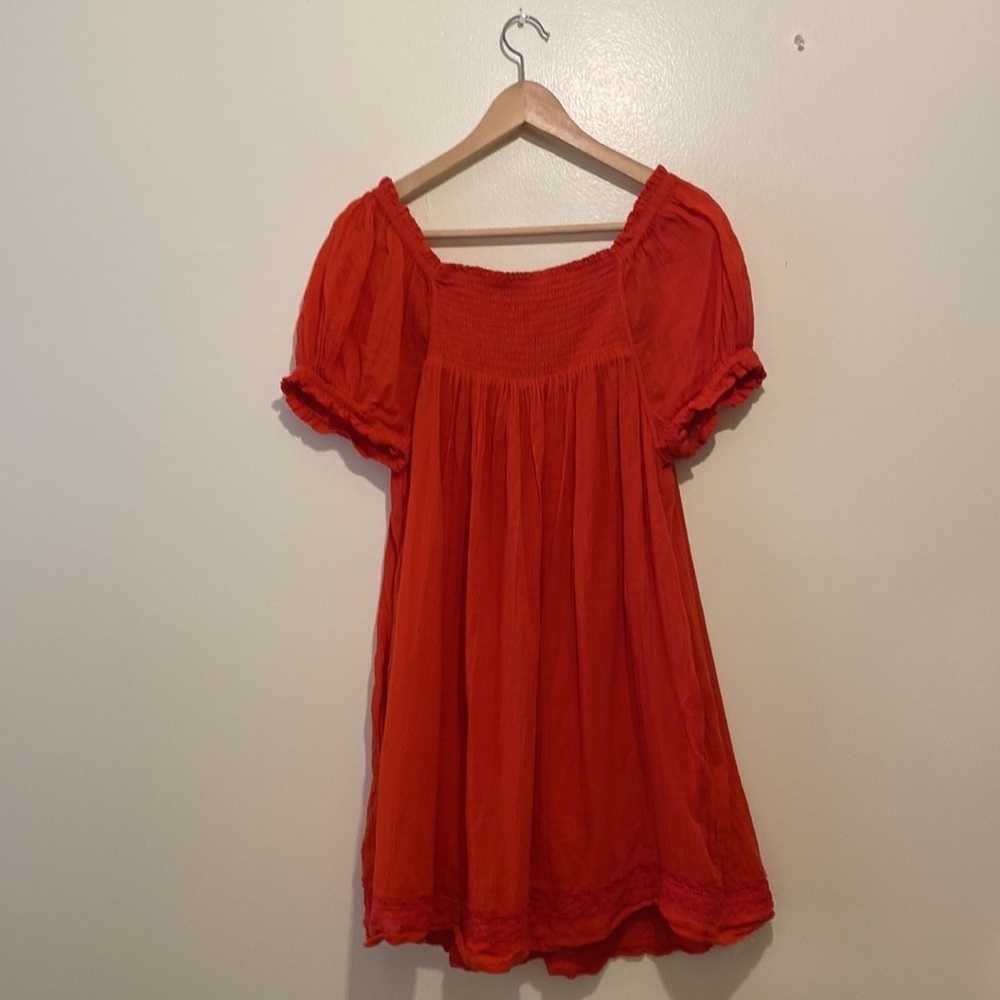 Free People Bright Orange/Red Puff Sleeve Mini Dress shorts underneath - Picture 4 of 11